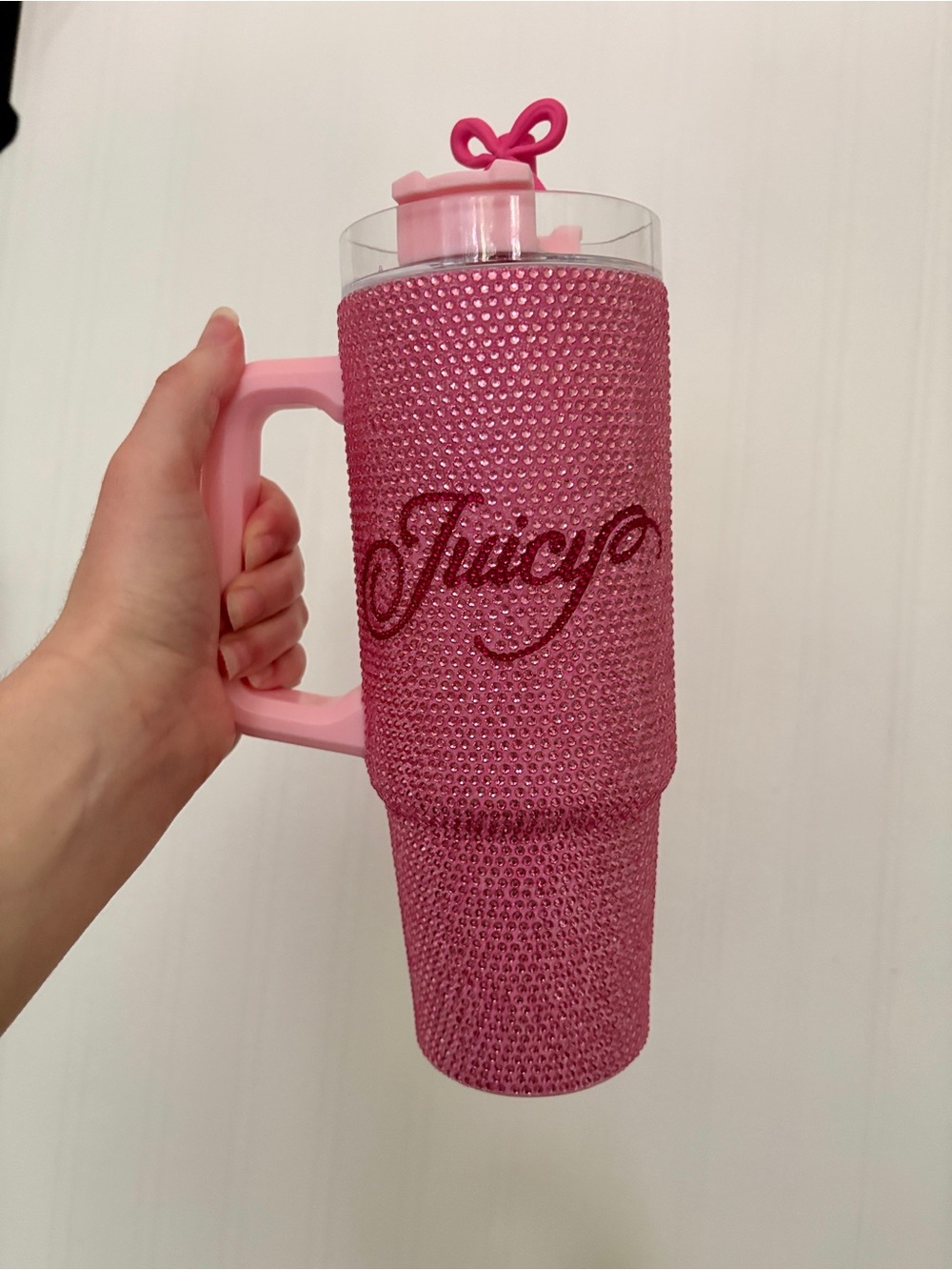 Juicy Couture Hot Pink Crystal Rhinestone Travel Tumbler with Handle